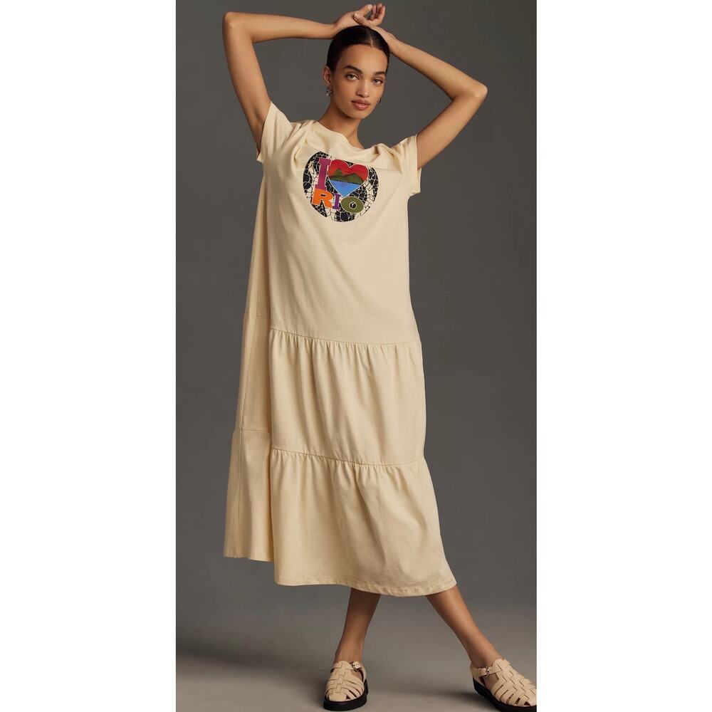 Farm Rio I Love Rio Tiered Short Sleeve Midi Dress Graphic Boho Size S